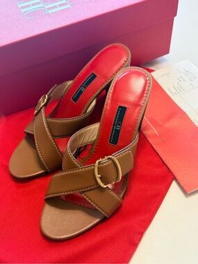 Carolina Herrera Brown Leather Slide Sandals with Red Insole and Gold Buckle